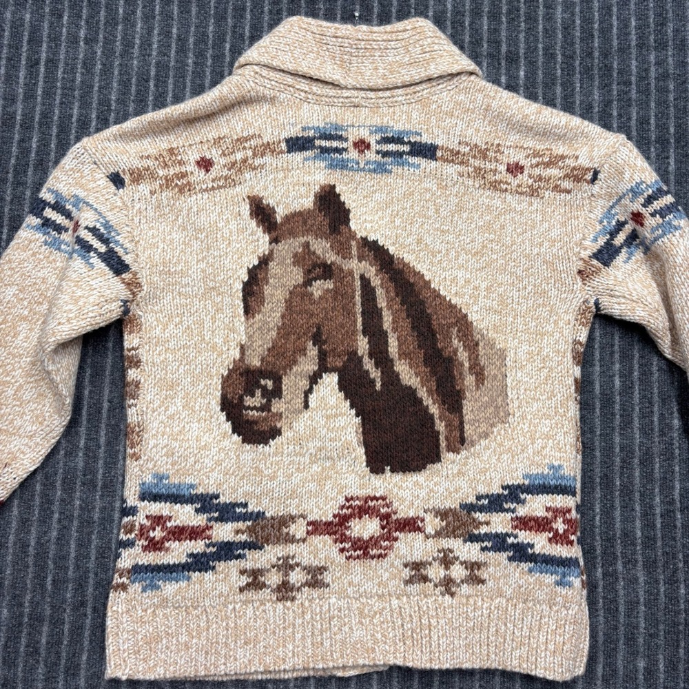 Lucky Brand Womens Horse Graphic Southwestern Shawl Cardigan L Tan Knit Sweater